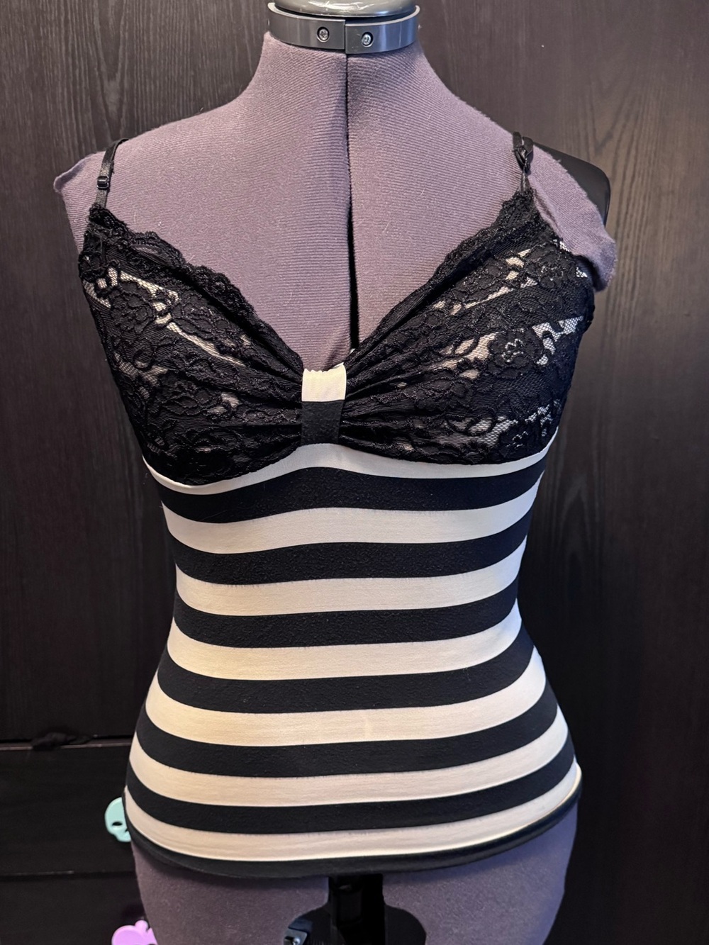Urban Behavior Black and Cream Striped Lace-Top Tank
